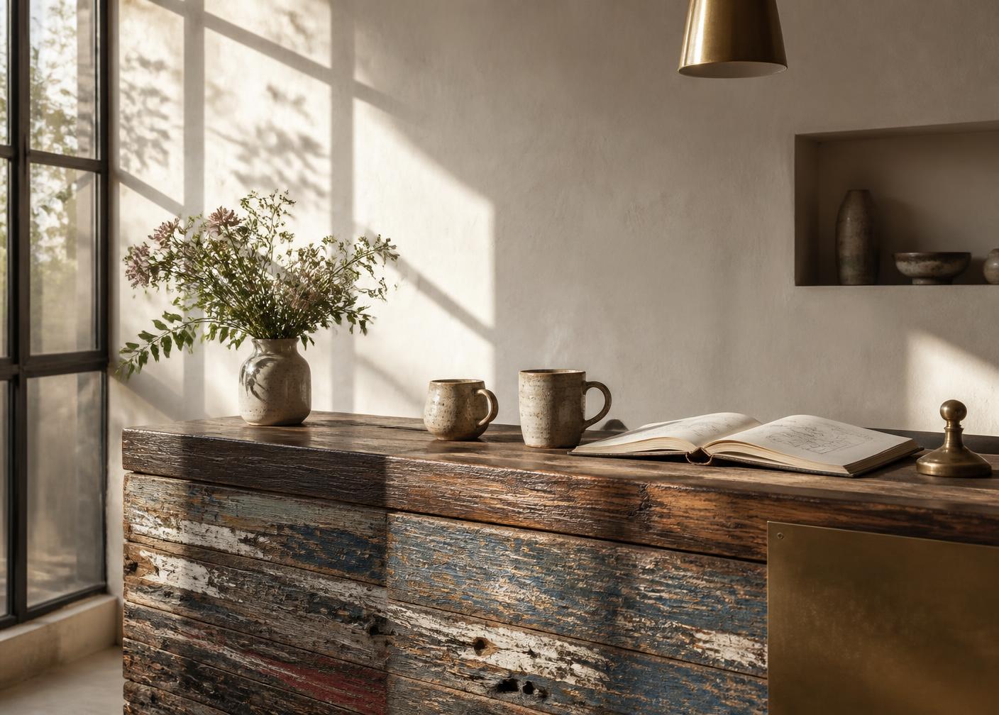 Handmade ceramic mugs steaming on a reception desk built from reclaimed boat timber