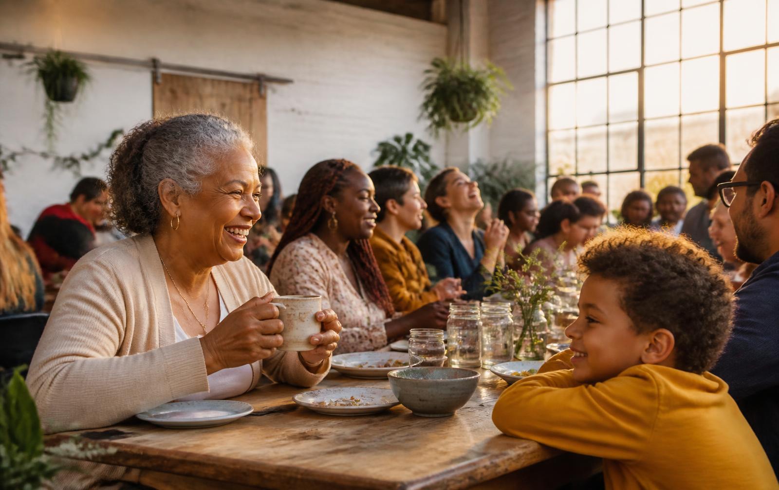 Neighbors of all ages laughing around a long table at a community dinner in golden evening light