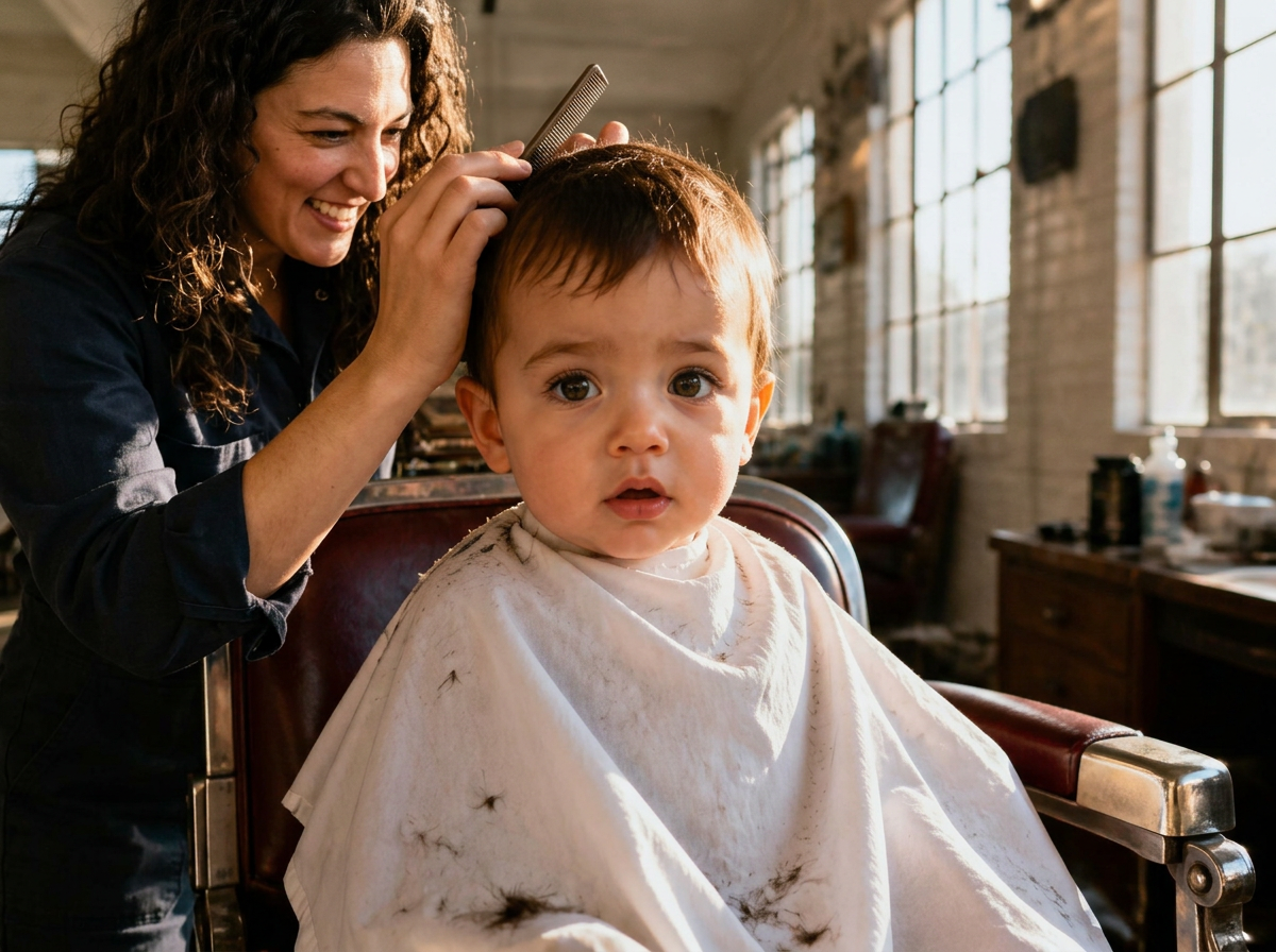 Natasha combing a small child's hair for a first haircut in the vintage barber chair