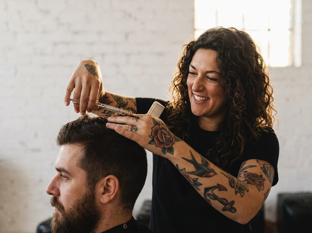 Natasha, tattooed arms and curly hair, cutting a client's hair with scissors and comb in warm window light