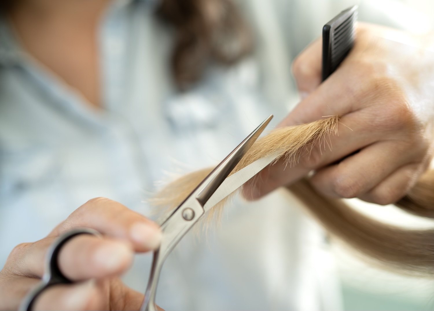 Natasha, tattooed arms and curly hair, cutting a client's hair with scissors and comb in warm window light