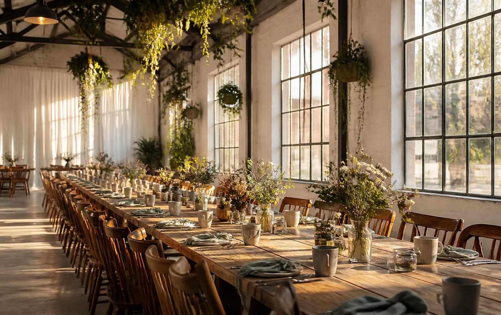 A long reclaimed timber table in a bright warehouse hall with linen curtains and hanging plants