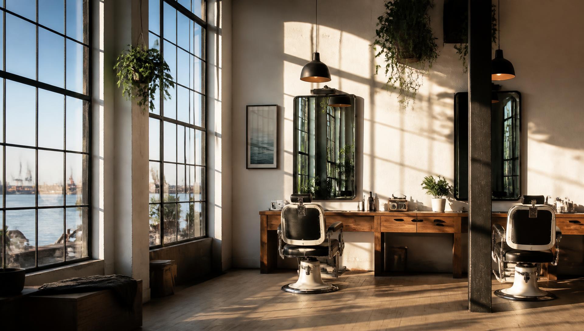 Sunlit barber studio inside a renovated maritime warehouse with huge steel windows