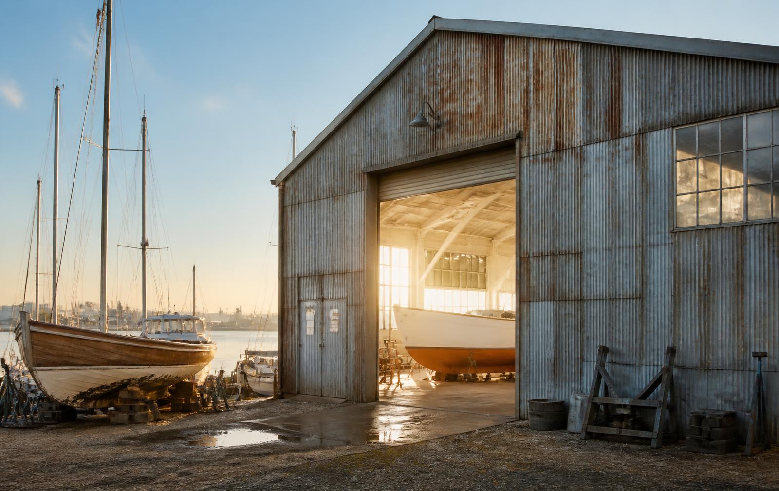 A weathered corrugated warehouse at a working boatyard, glowing from inside at sunrise