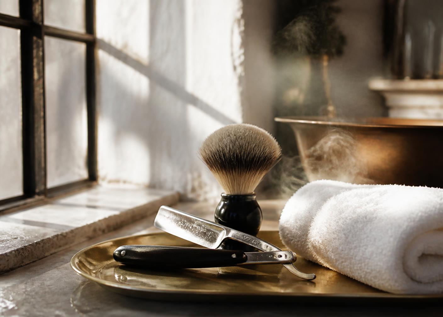 Straight razor, badger brush and a hot towel on a brass tray in window light