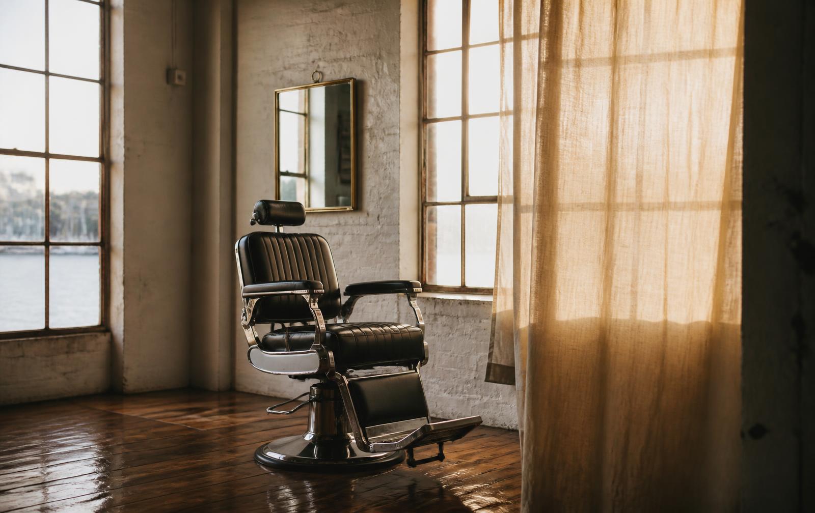 A single vintage chrome-and-leather barber chair alone in a quiet sunlit corner of a whitewashed warehouse